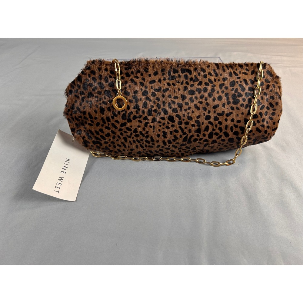 Nine West Leopard Print Faux Fur Shoulder Bag Gold Chain Strap Animal Print New